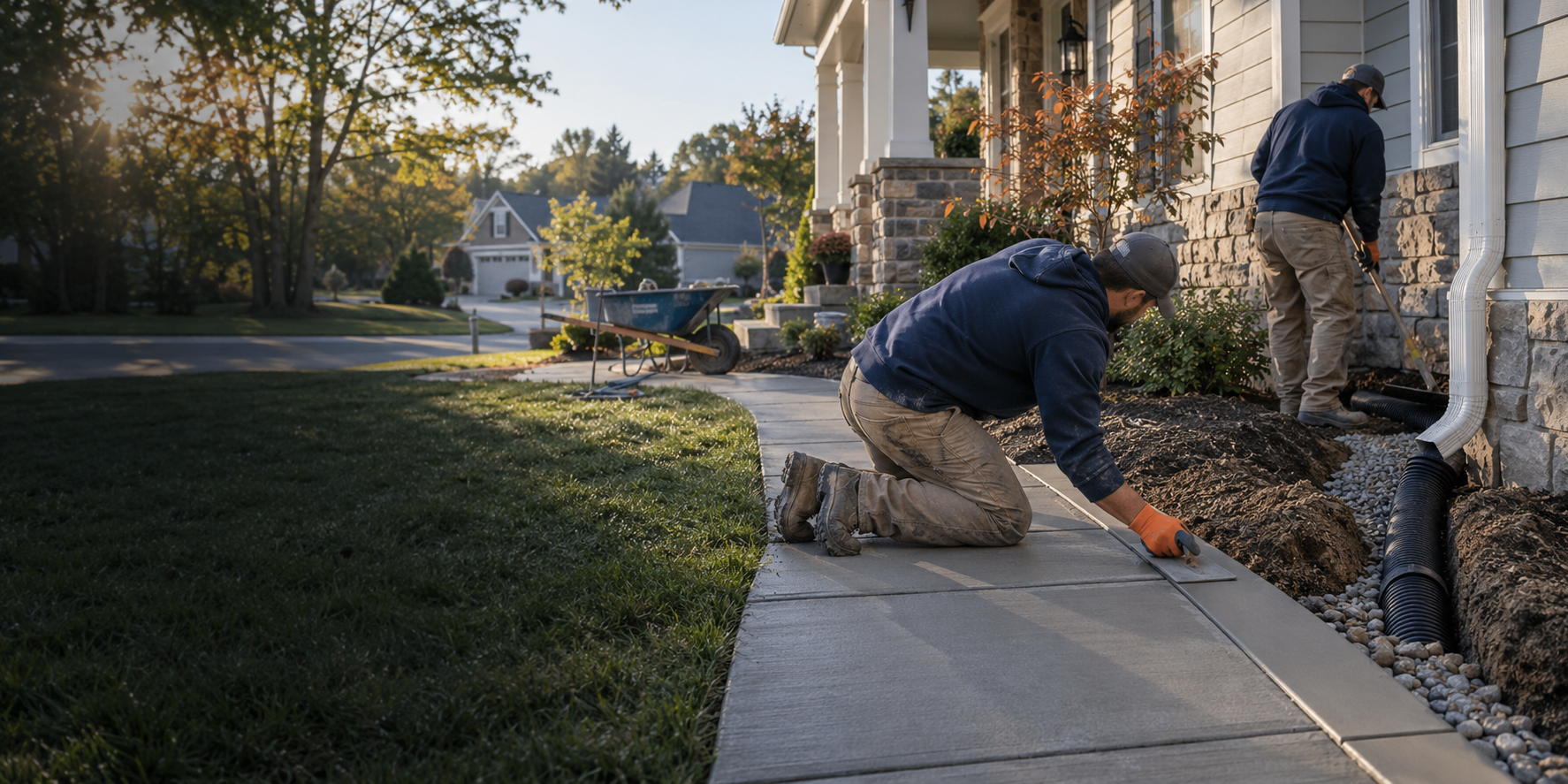 Contractors installing drainage and finishing a concrete walkway at a Maryland home